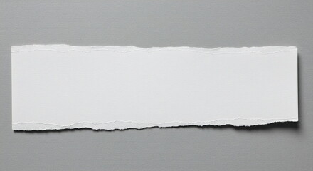 Blank white torn paper strip with rough edges on a gray background. Ideal for messages, notes, or designs.
