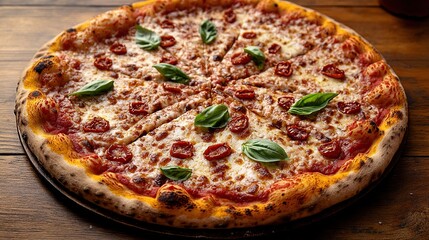 Delicious pizza with sun-dried tomatoes and fresh basil