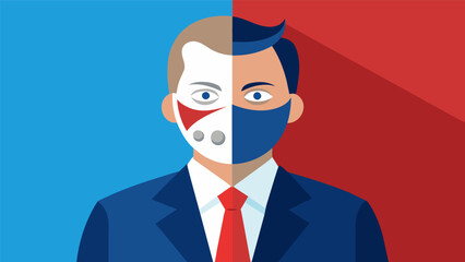 A political cartoon shows a politician wearing a mask with one half depicting a charming trustworthy face while the other shows a sneaky manipulative.