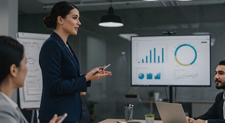 Confident female executive presenting business data on a large digital screen
