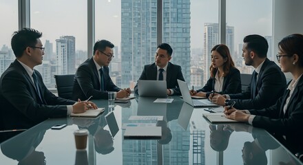 Business meeting in a modern corporate office, diverse group of professionals 