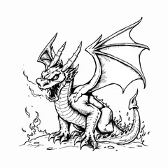 Winged Demon Dragon  claws and fangs out, flames done with thin hatching