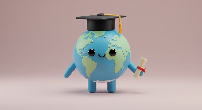 Cute Globe Character Wears Graduation Cap with Tiny Diploma 3D Rendered in Pastel Colors Perfect for Education and Celebratory Themed Projects