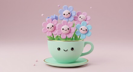 Pastel Flowers Blooming From Cute Teacup 3D Render Cartoon Illustration on Pink Background