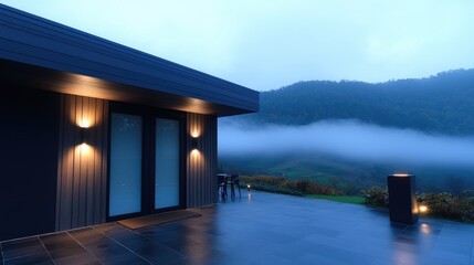 Modern house exterior at twilight, overlooking misty mountains.  Exterior patio area with contemporary design and outdoor lighting