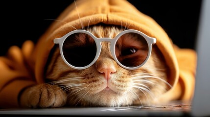 A stylish cat in shades, tapping away on a laptop at night, exuding cool hacker vibes in a darkthemed setting.