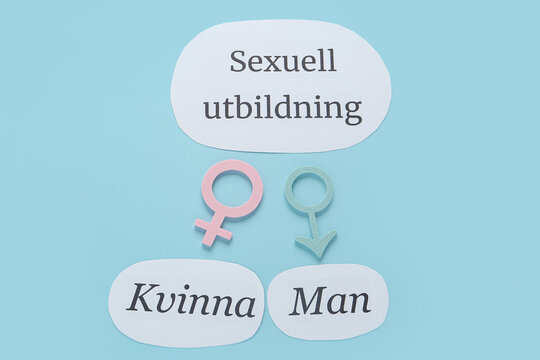 Text SEXUELL UTBILDNING (Swedish for Sexual Education) with male and female symbols on blue background