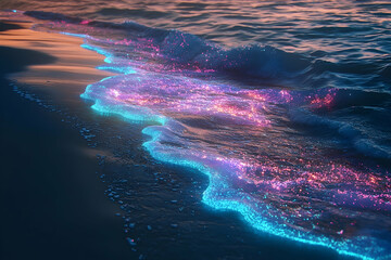 Ocean waves glow with bioluminescent plankton at sunset.