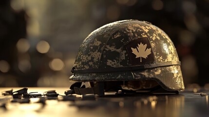 Military helmet, Canadian flag patch, somber