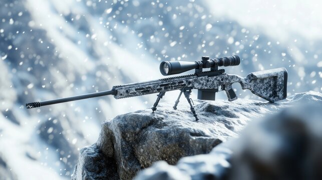 High-powered sniper rifle on snowy mountaintop