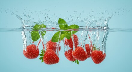 Fresh Strawberries and Mint Splashing Into Water on Light Blue Background
