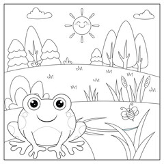 black and white cartoon frog character (vector illustration), coloring book for children.