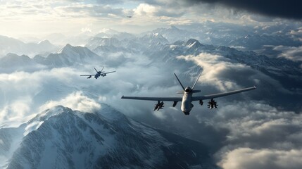 Fototapeta na wymiar Aerial military drones soaring over snow-capped mountain ranges