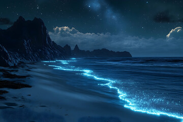 Naklejka premium Starlit beach glows with bioluminescent waves at night.