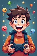Naklejka premium A joyful gamer holding a game controller, smiling brightly. The background is colorful with pixel art and game icons floating around