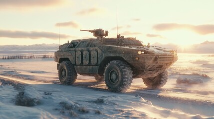 Fototapeta premium Military vehicle on a snowy landscape at sunrise