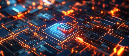 Futuristic glowing circuit board with a central processing unit