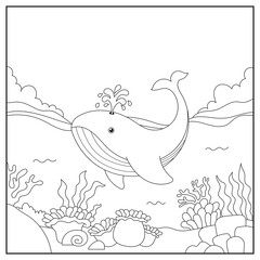 Obraz premium black and white cartoon whale character (vector illustration), coloring book for children.