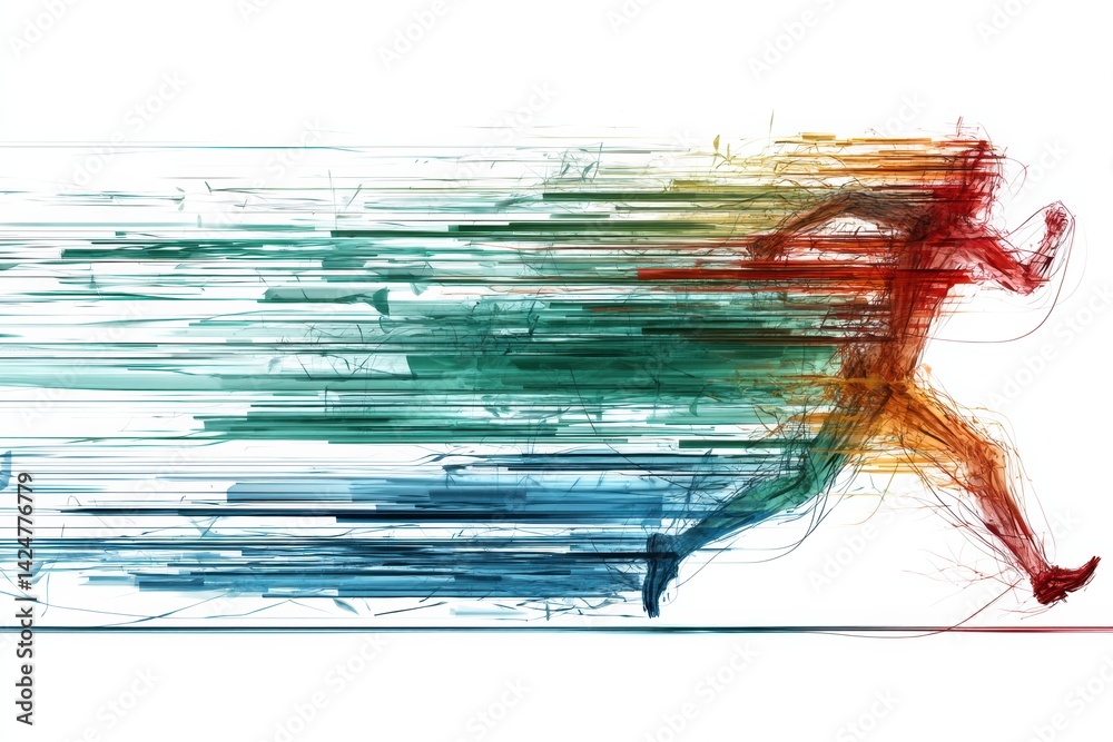 Poster conceptual runner in dynamic motion streaks creates a vibrant display against a white background