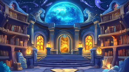 Grand mystical library with celestial dome and glowing lanterns. Arcane Vault. Illustration