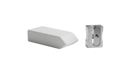 Eraser and sharpener lying on transparent background: minimalist flatlay