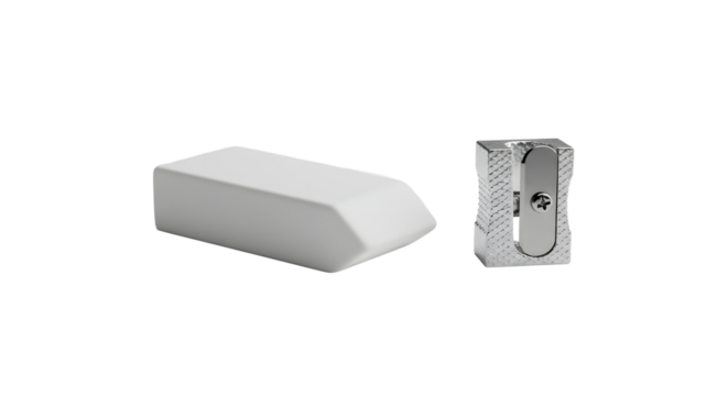Eraser and sharpener lying on transparent background: minimalist flatlay