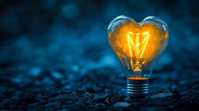 Glowing Heart Shaped Lightbulb Romantic Idea Inspiration Warm Yellow Light Dark Blue Background Creative Design Element Abstract Photography Still Life Image Perfect for Valentines Day Wedding        