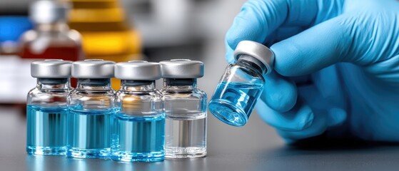 vaccine antibody  trial concept. Vials of vaccine being handled in a lab setting with a gloved hand reaching for one.
