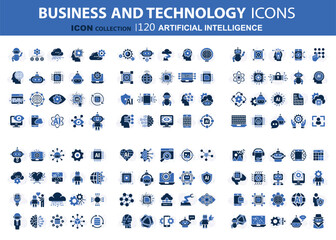 120Artificial intelligence icon set web design. Pack pictograms with algorithm, data science, deep learning, brain, computer, vision, automation, other. Vector illustration