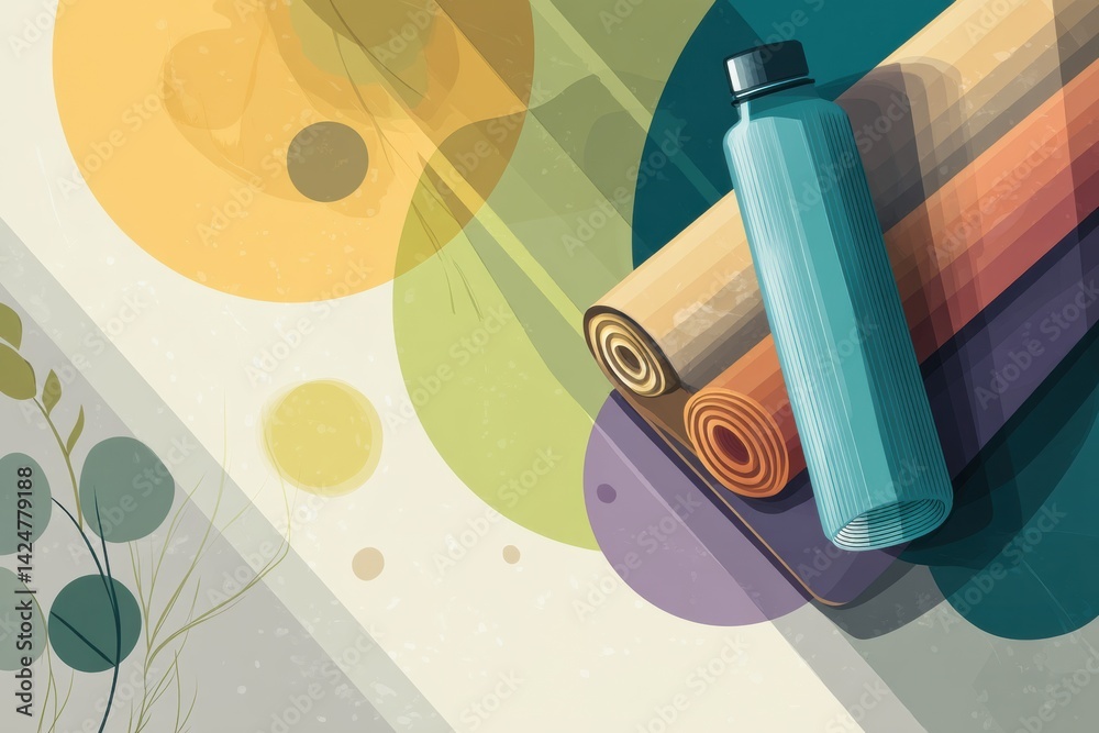 Aufkleber fitness mat and water bottle arranged with abstract shapes in a vibrant flat design for a workout se