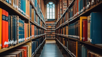 Long hallway lined with numerous bookshelves filled with various books