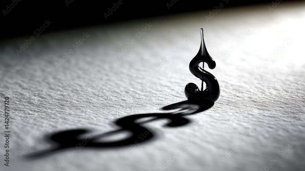 Poster Black Droplet Creates a Dollar Sign Shadow on Textured Paper Emphasizing Finance and Value Concepts in a Minimalist Setting