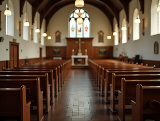 Empty wooden pews in a peaceful church interior setting