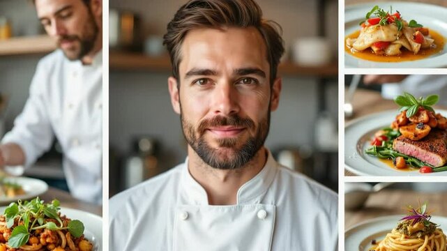 Confident chef posing in kitchen with collage of plated gourmet meals including pasta, meat, and seafood dishes, culinary expertise concept, 4K, motion