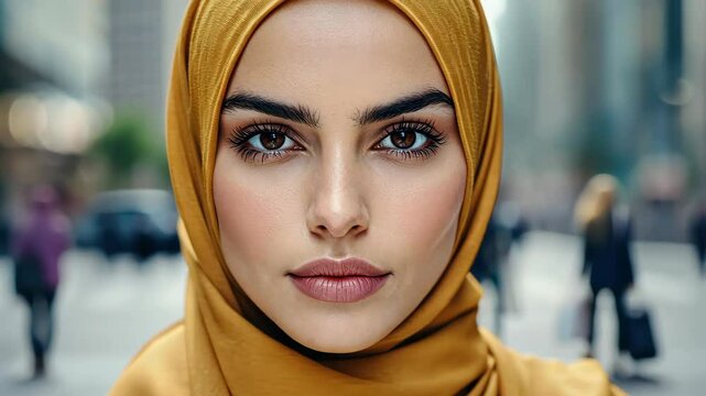 A strong woman in hijab stands proudly in a bustling city, symbolizing empowerment and resilience in her fierce gaze.