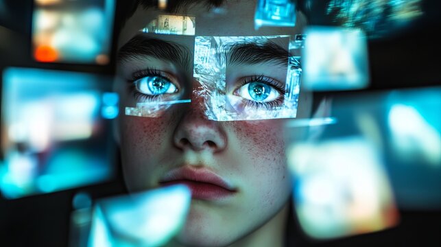 Teenage Boy Futuristic Portrait Blue Eyes Digital Art Screen Overlays Modern Technology Youthful Face Closeup Abstract Background Young Person Innovation Digital Media Screens Reflections Light Leaks  - Powered by Adobe