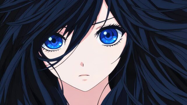 Stunning anime female with long black and blue hair, striking blue eyes, and a fierce, badass vibe that captivates all.