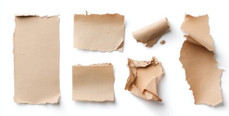 Set of different pieces of kraft paper, ripped and torn papers isolated on a white background