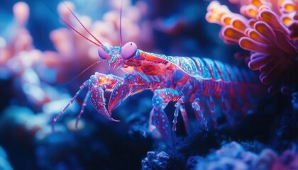 A closeup of a mantis shrimp in a coral reef, Marine Life, Bright and fascinating