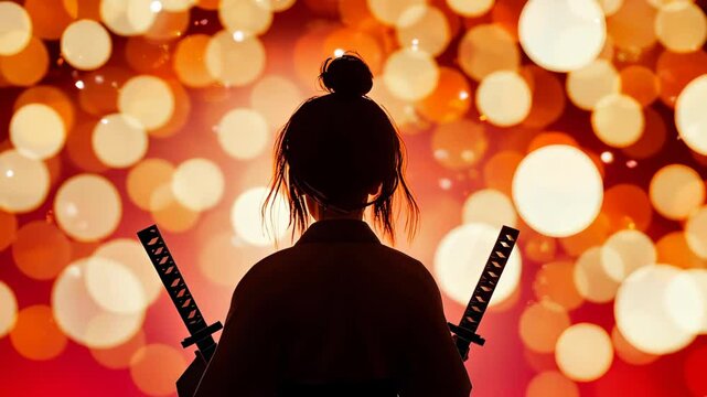 A fierce golden ninja girl stands poised, wielding light spheres with her swords ready to strike in a captivating D scene.