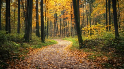 Obraz premium Winding Path Through Autumn Forest with Golden Leaves