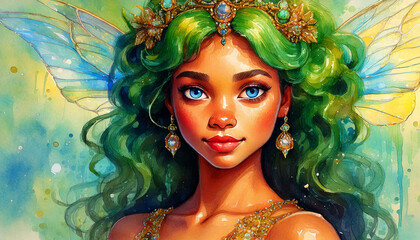 futuristic illustration of a fairy princess, with especially large, blue eyes 