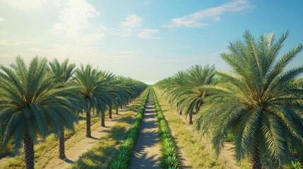Obraz premium Lush palm tree plantation stretches into the horizon under a bright sky