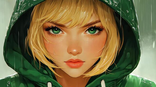 A striking digital art piece featuring a rainsoaked blonde femme fatale in D style, capturing her allure and mystery.
