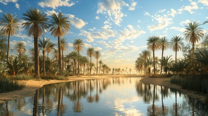 Obraz premium Serene oasis landscape with palm trees lining a calm river. Tranquil reflections on the water. Sunrise or sunset light