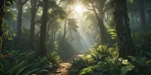 Lush, vibrant tropical forest undergrowth  Sunlight dappled through dense canopy ,  rainforest,  humid,  pattern