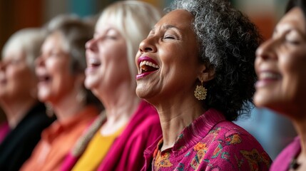 Joyful Senior Women Singing Chorus Happy Celebration Group Portrait Diverse Multiethnic Females Elderly People Singing Together in a Choir Powerful Vocals Expressive Faces Authentic Moments song music