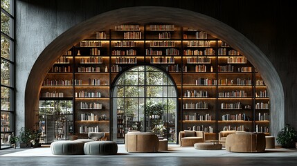 Modern library interior with arched alcove, bookshelves, and seating.