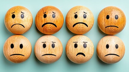 Naklejka premium Collection of Sad Wooden Emoticons Arranged on Aqua Background for Emotional Expression and Design