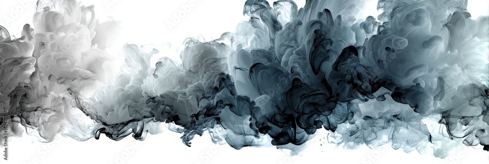 Poster dark abstract oil smoke billows gracefully against a white minimalist background in an artistic repr